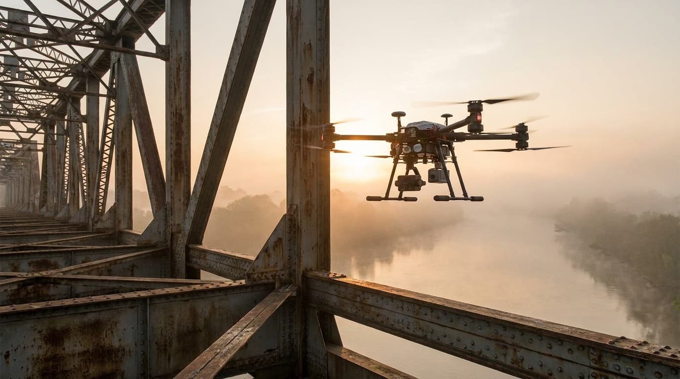 An enterprise drone inspecting a steel bridge