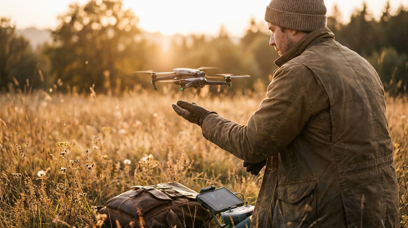 A drone pilot launching an aircraft from a field