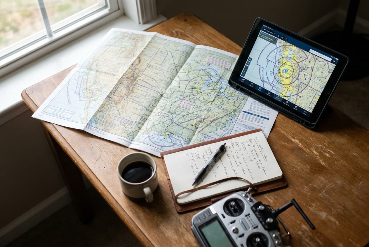 Sectional charts, a controller, notes, and a digital chart arranged for Part 107 study